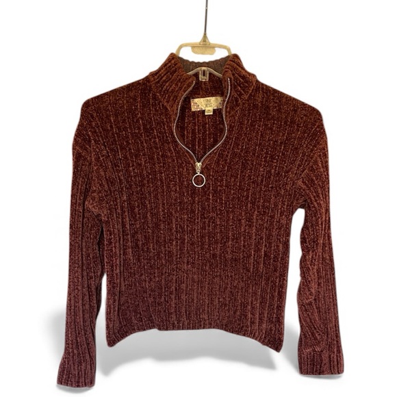 Pink Rose Women's Burgundy Soft Chenille Like Ribbed Half-Zip Cropped Sweater - Picture 1 of 6